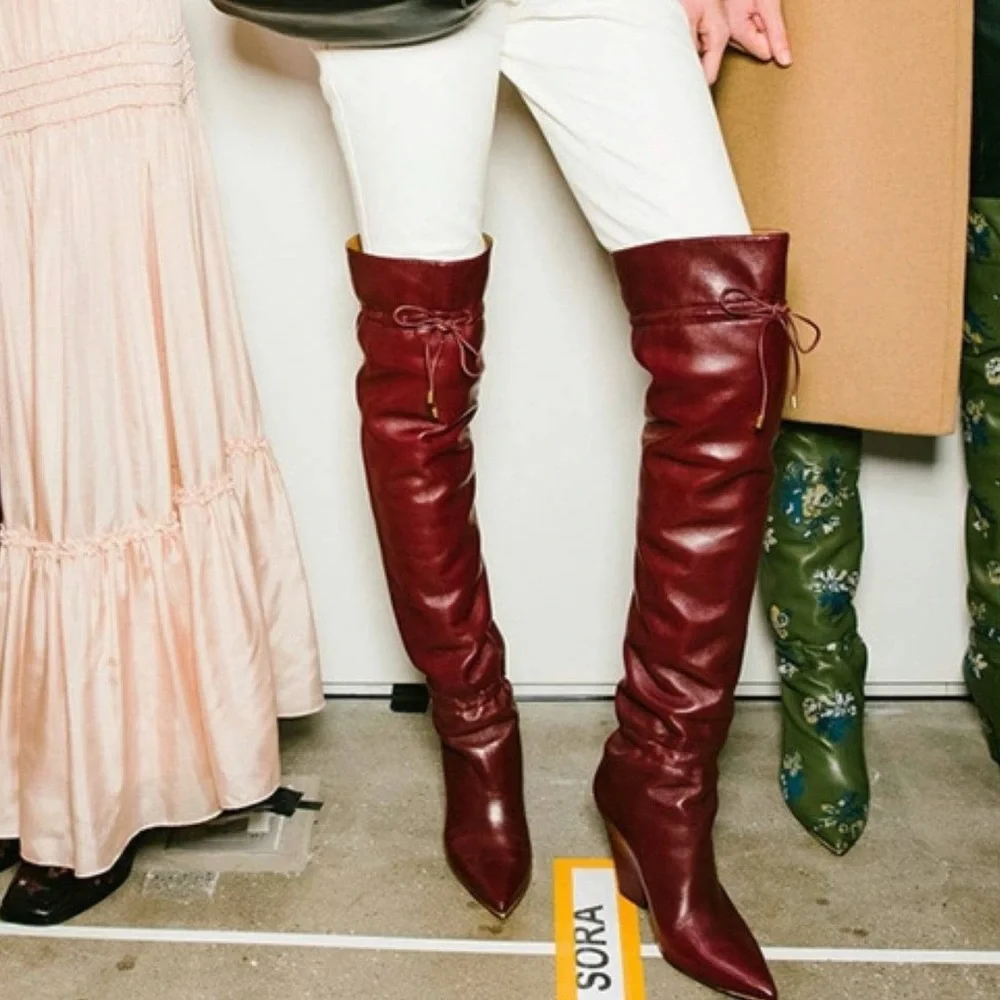 Tory Burch Lila Burgundy Leather Over the Knee Block Heel Boots Luxury 7